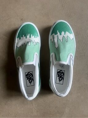 NWOT Vans Slip-On Sneakers in custom painted Mint and White Skyline US Women’s 6